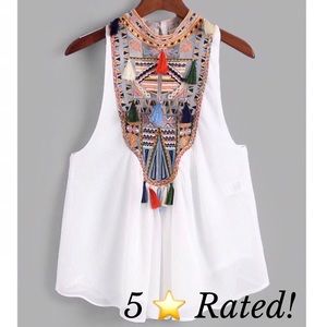White Embroidered Tank With Tassels - 5 Stars